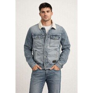 Hollister Mens Denim Trucker Jacket Blue Pockets Button Jean Sherpa Collar Sz S